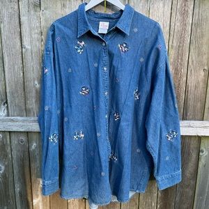 Vintage 90s Disney Mickey Mouse and Friends Embroidered Denim Button Up Top